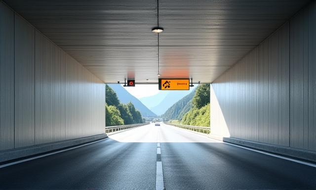 Modern Austrian autobahn highway tunnel with clear signage