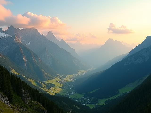 Breathtaking panorama of Austrian alpine landscape with mountains and lush valleys under a vibrant sky